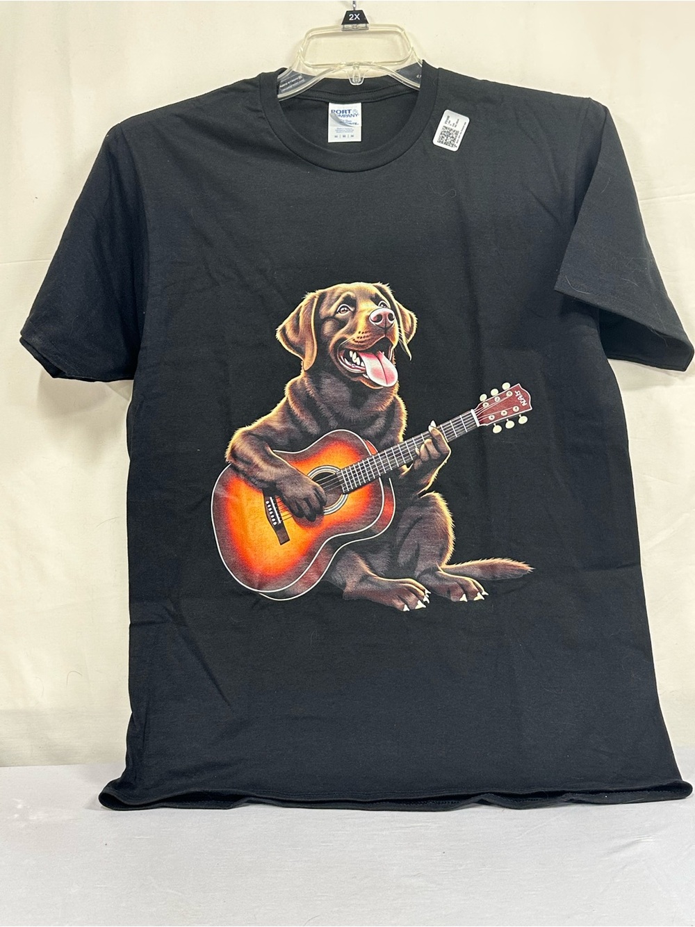 Men’s Black T-Shirt with Chocolate Lab Playing Guitar